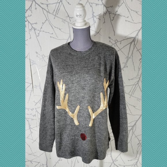 Love & Legend Sequined Reindeer Antlers Christmas Sweater - Picture 1 of 4